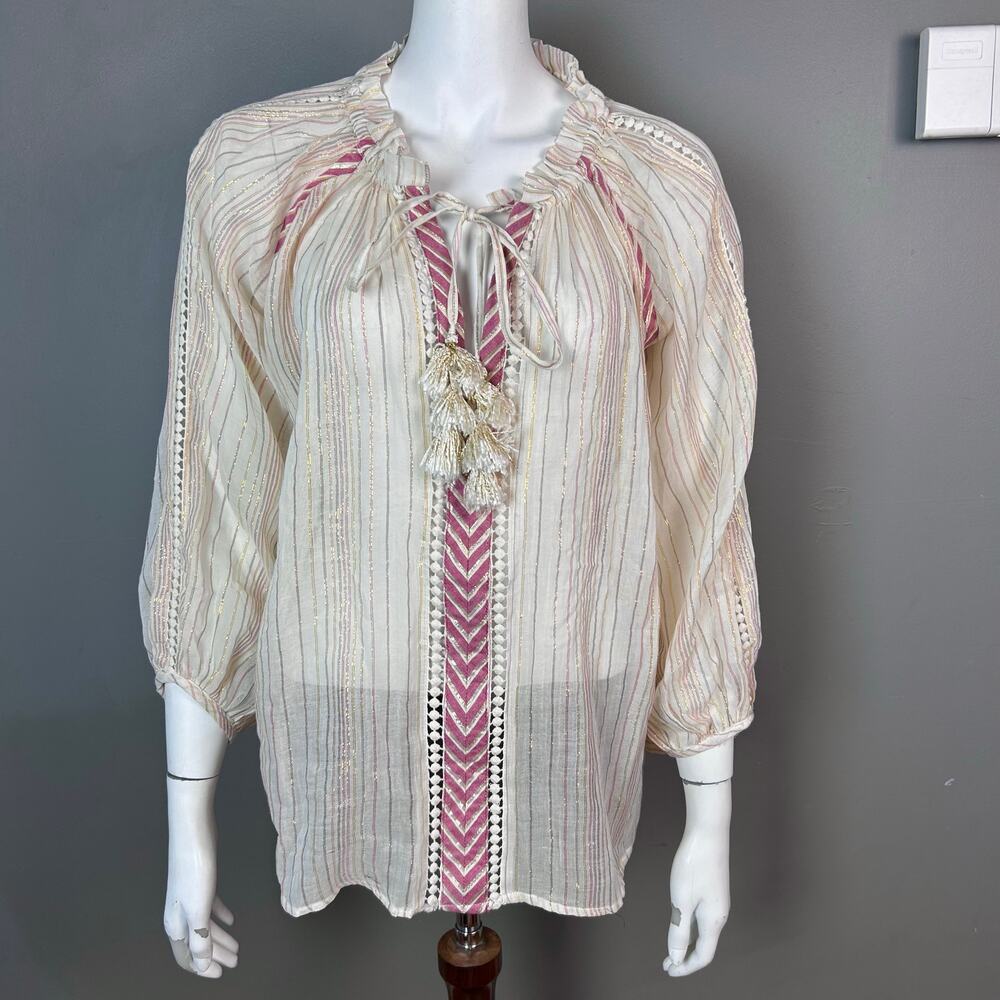 Miss June top tunic Medium peasant cover-up boho cream tassel beach sheer